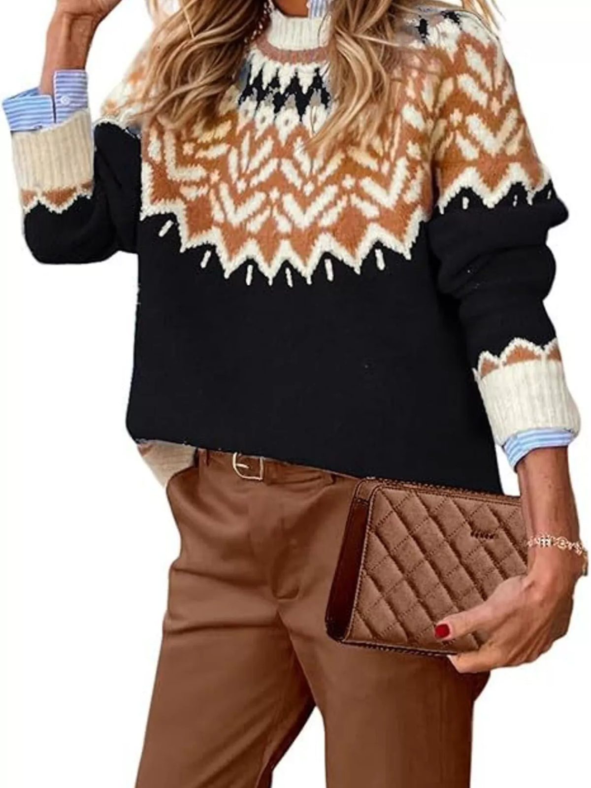 Fair Isle Patterned Long Sleeve Sweater in black, front view