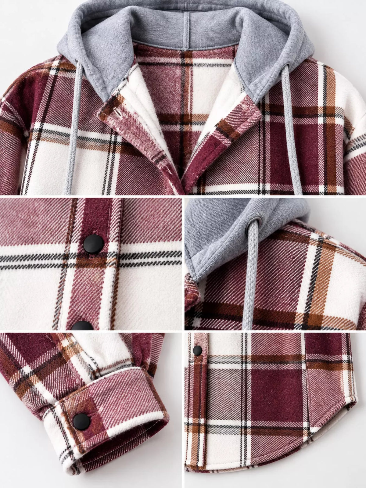 Button-Down Printed Contrast Hooded Shacket — garment construction details