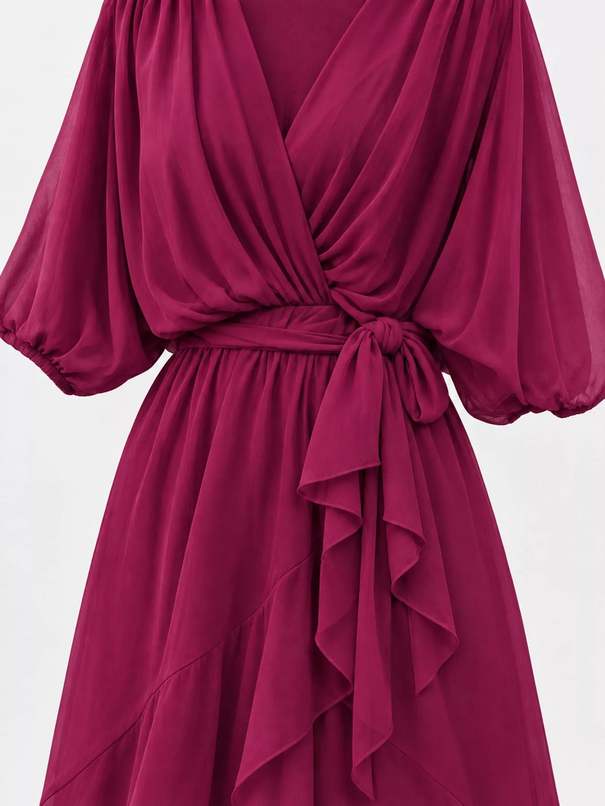 Magenta batwing sleeve wrap dress with waist tie, detail view