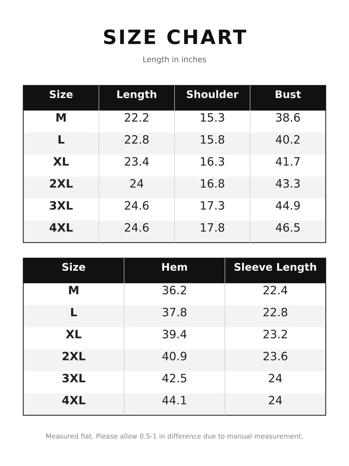 Size chart for quarter-zip sweatshirt with contrast collar