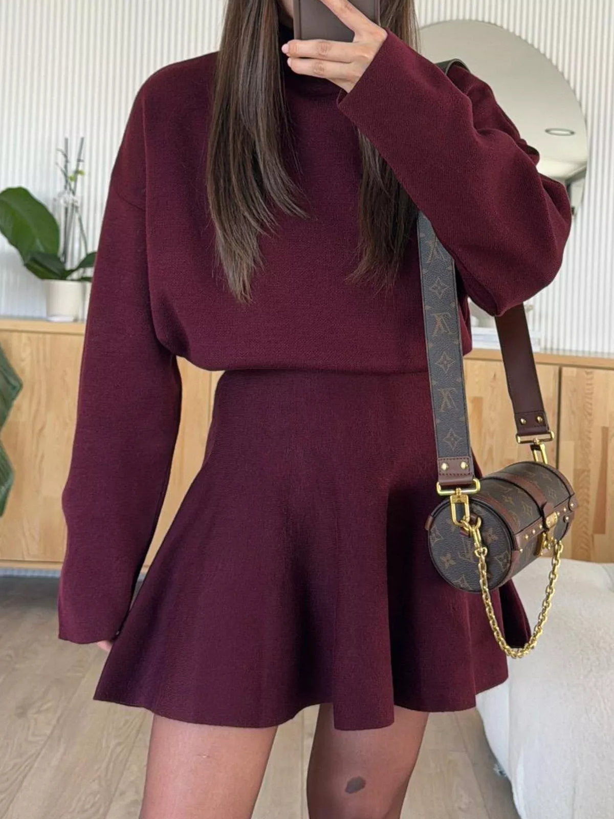 Burgundy mock neck knit top and flared skirt set