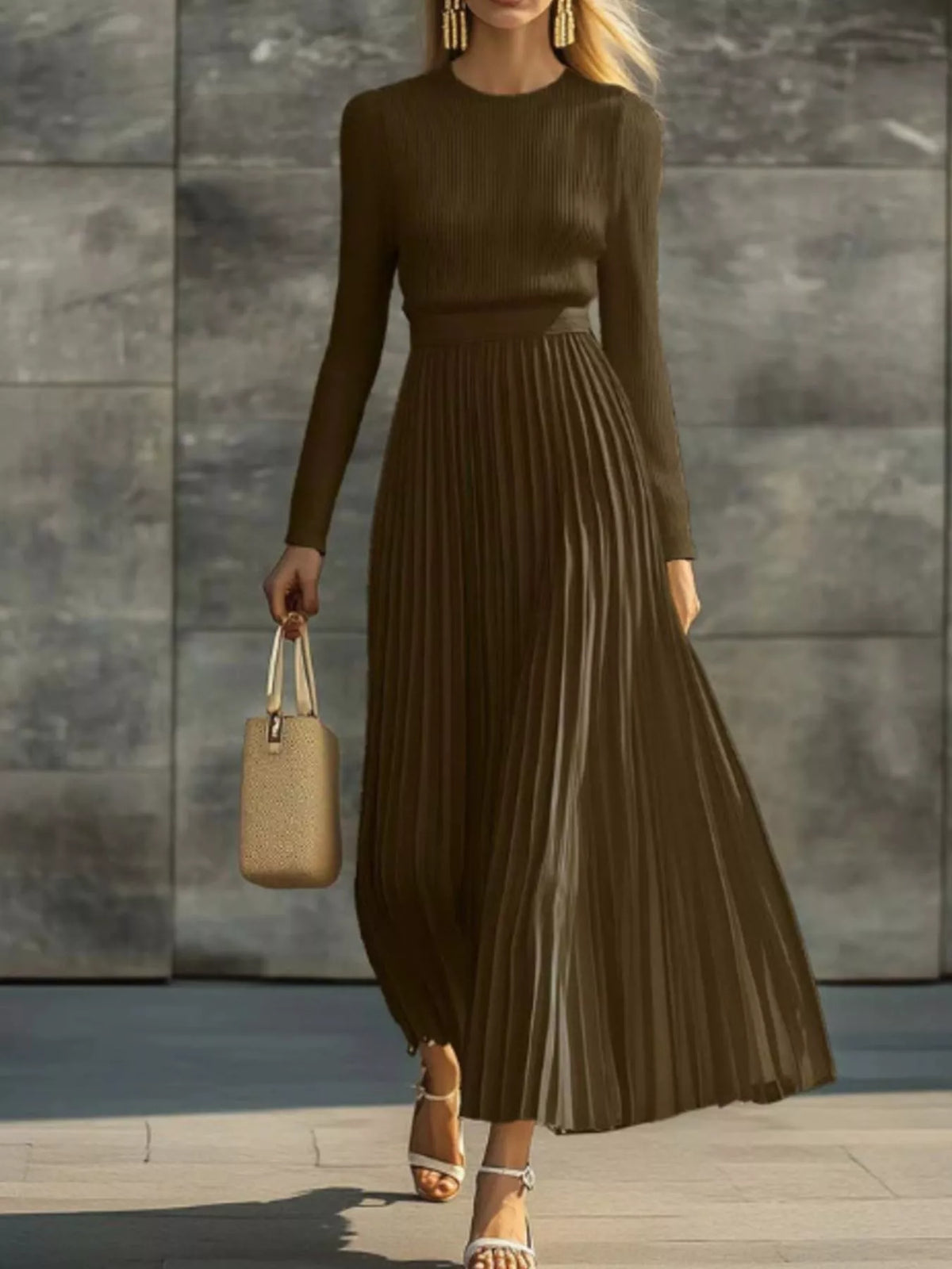 Trendsi Ribbed Knit Pleated Midi Dress -