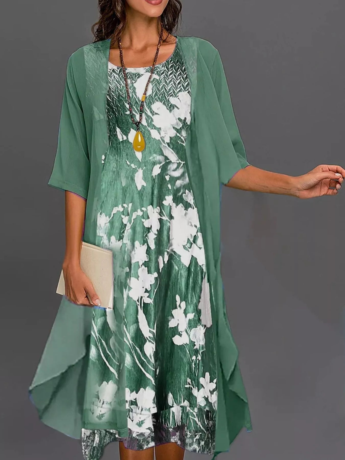 Floral dress and cardigan set, green floral dress and cardigan front