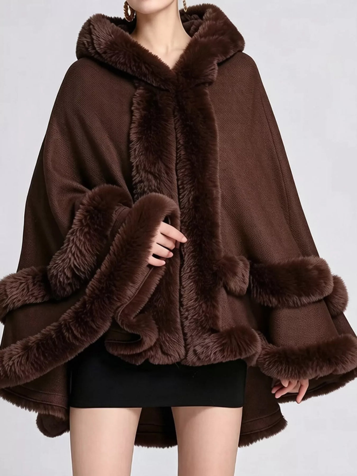Faux-fur-trim cape, dark brown front