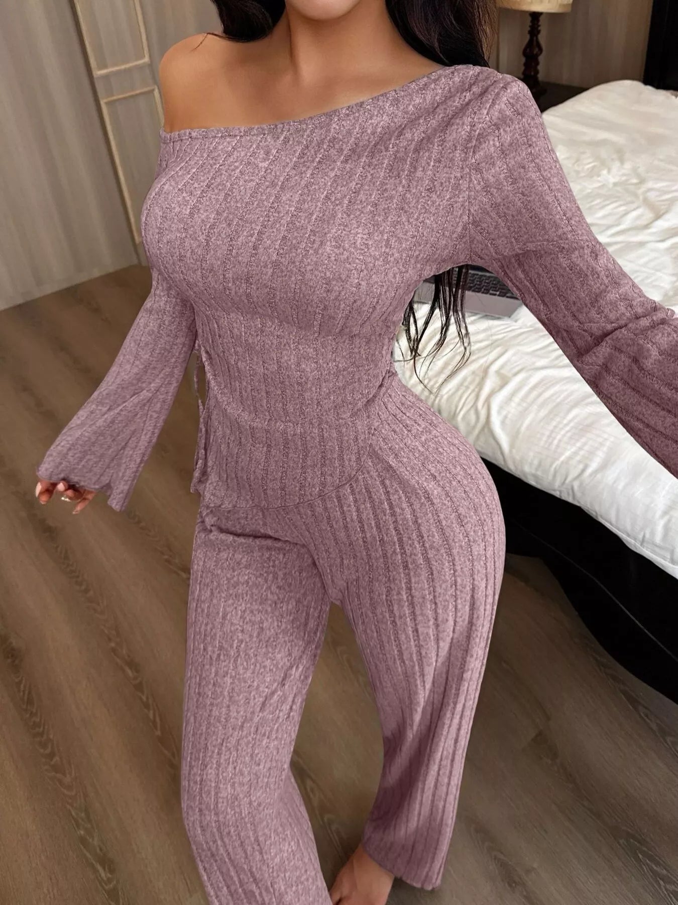Trendsi One-Shoulder Ribbed Knit Top and Pants Set -