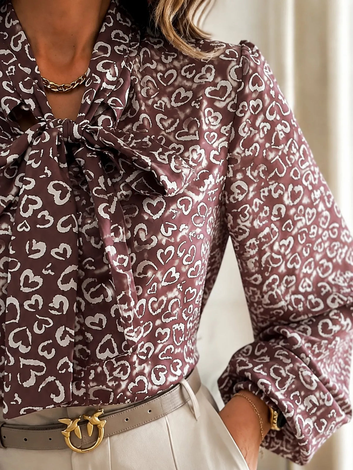 Women's Printed Bow-Tie Neck Long Sleeve Blouse in Mauve, alternate view