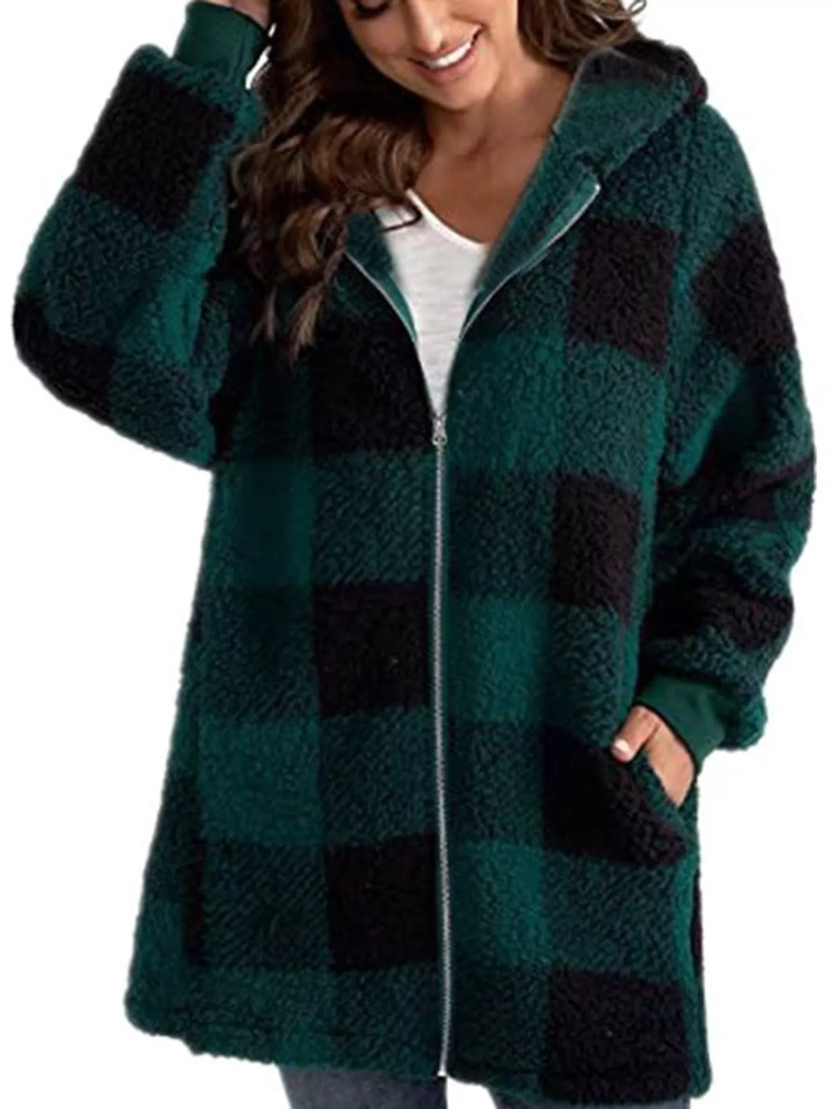 Green and black plaid sherpa hooded zip up jacket, front view