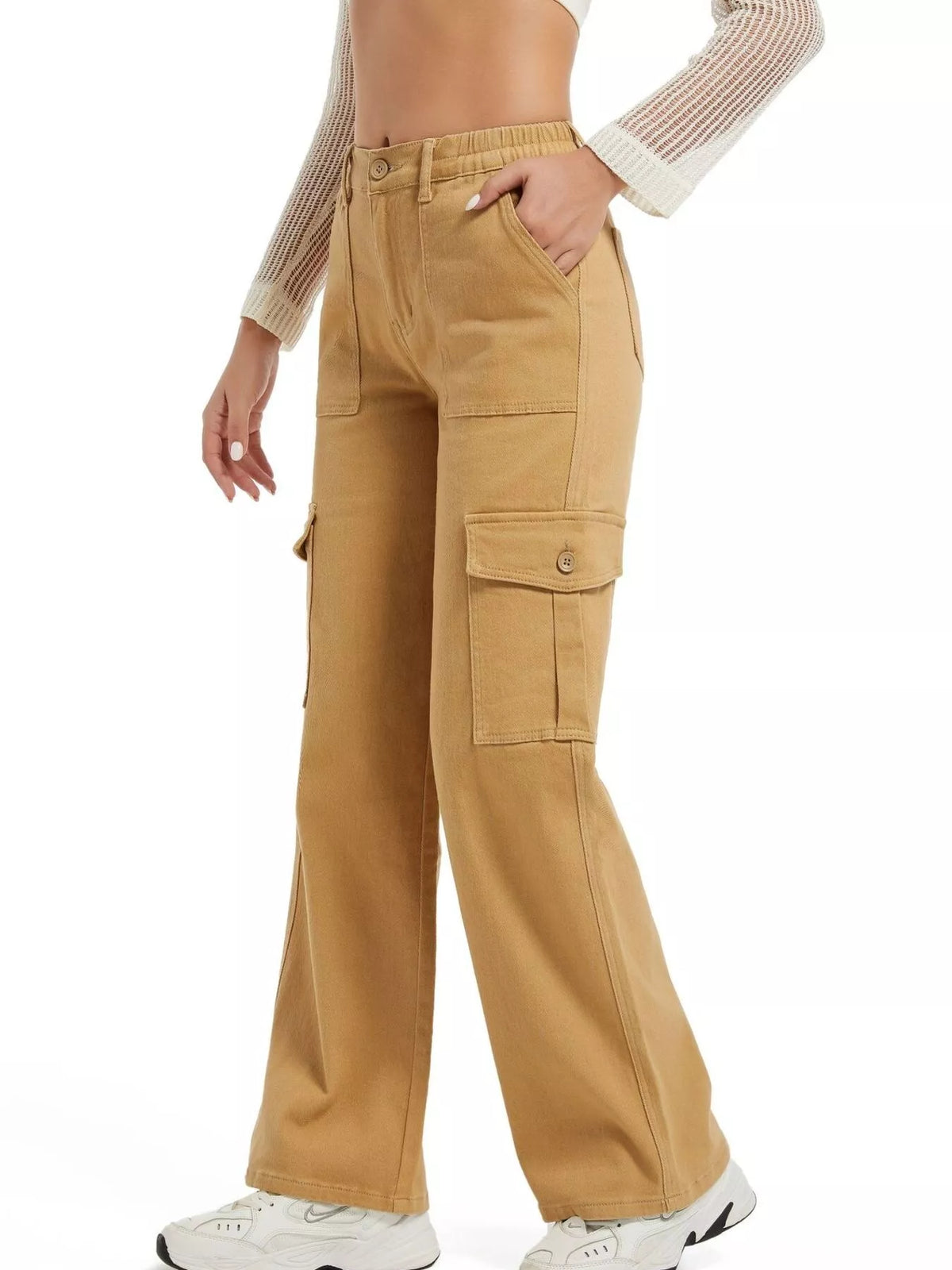 Tan wide-leg cargo jeans, side view