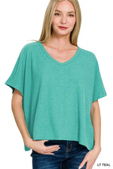 Trendsi Zenana Ribbed V-Neck Short-Sleeve Knit Top -