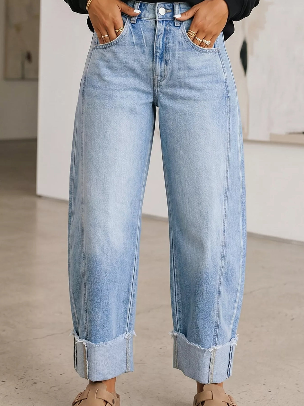 Cuffed Wide-Leg Jeans in light blue, front view