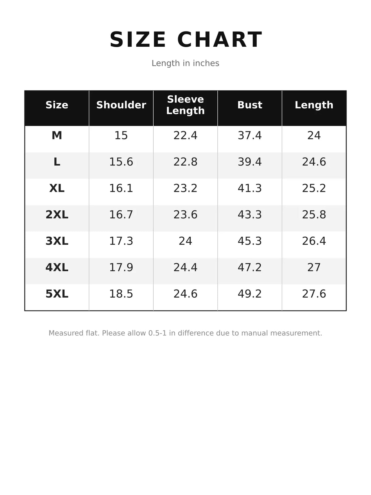 Zip-Up Hooded Jacket — size and measurement chart