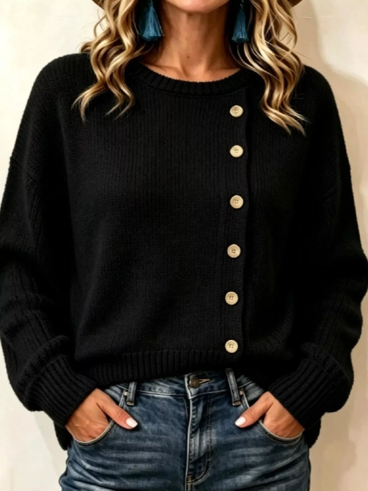 Women's Decorative Button Round Neck Sweater in black — front view