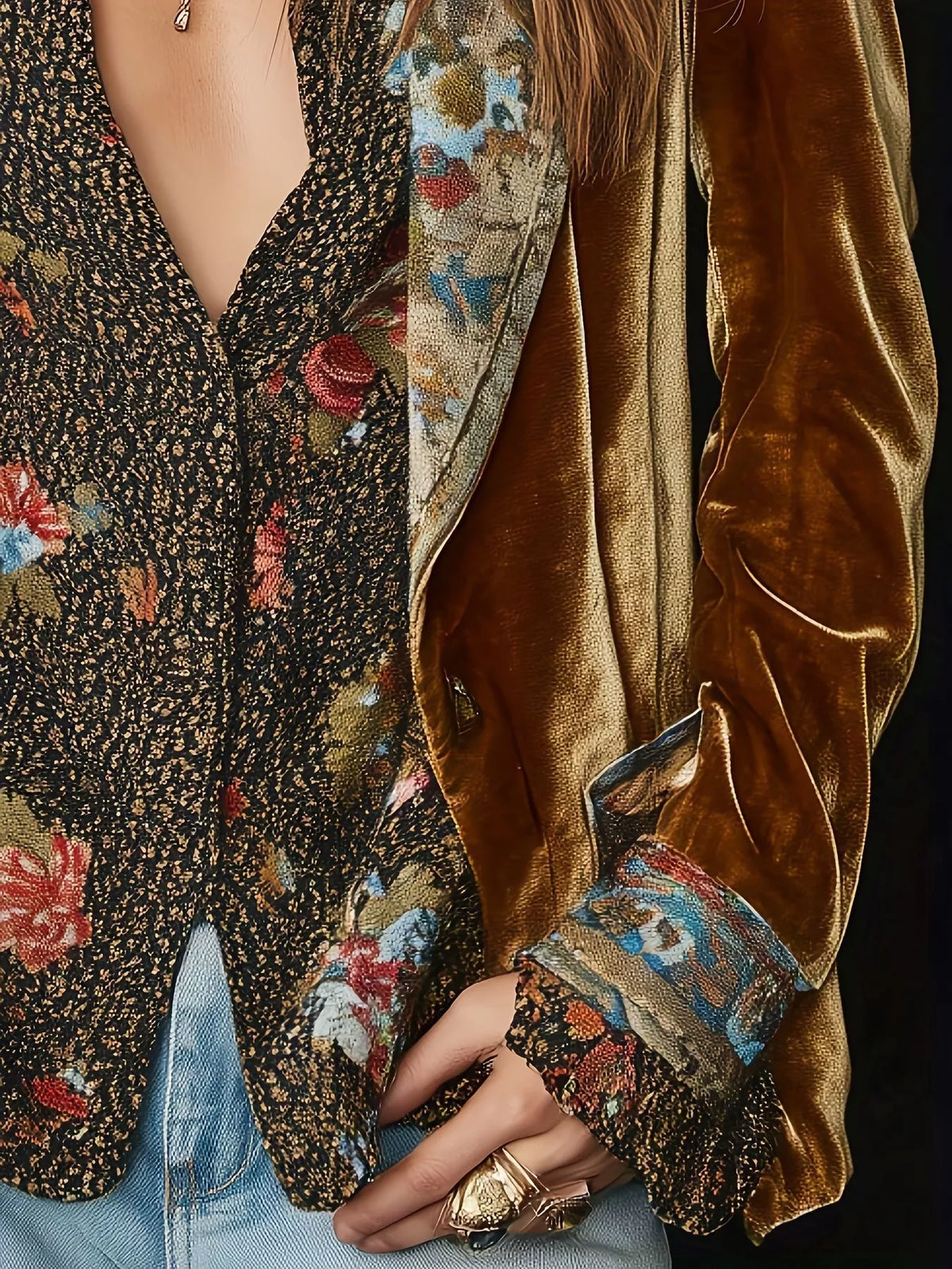 Trendsi Floral Lapel Collar Velvet Blazer -