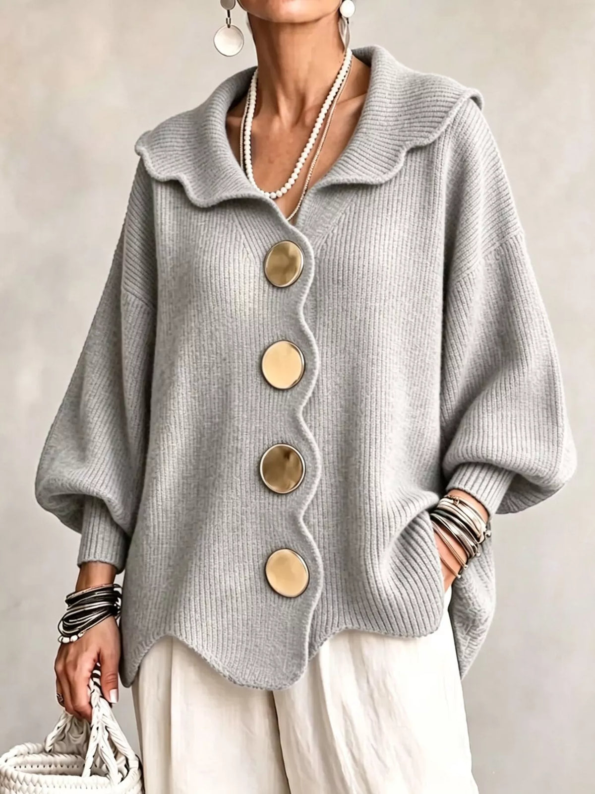 Gray scalloped-edge knit cardigan, front view
