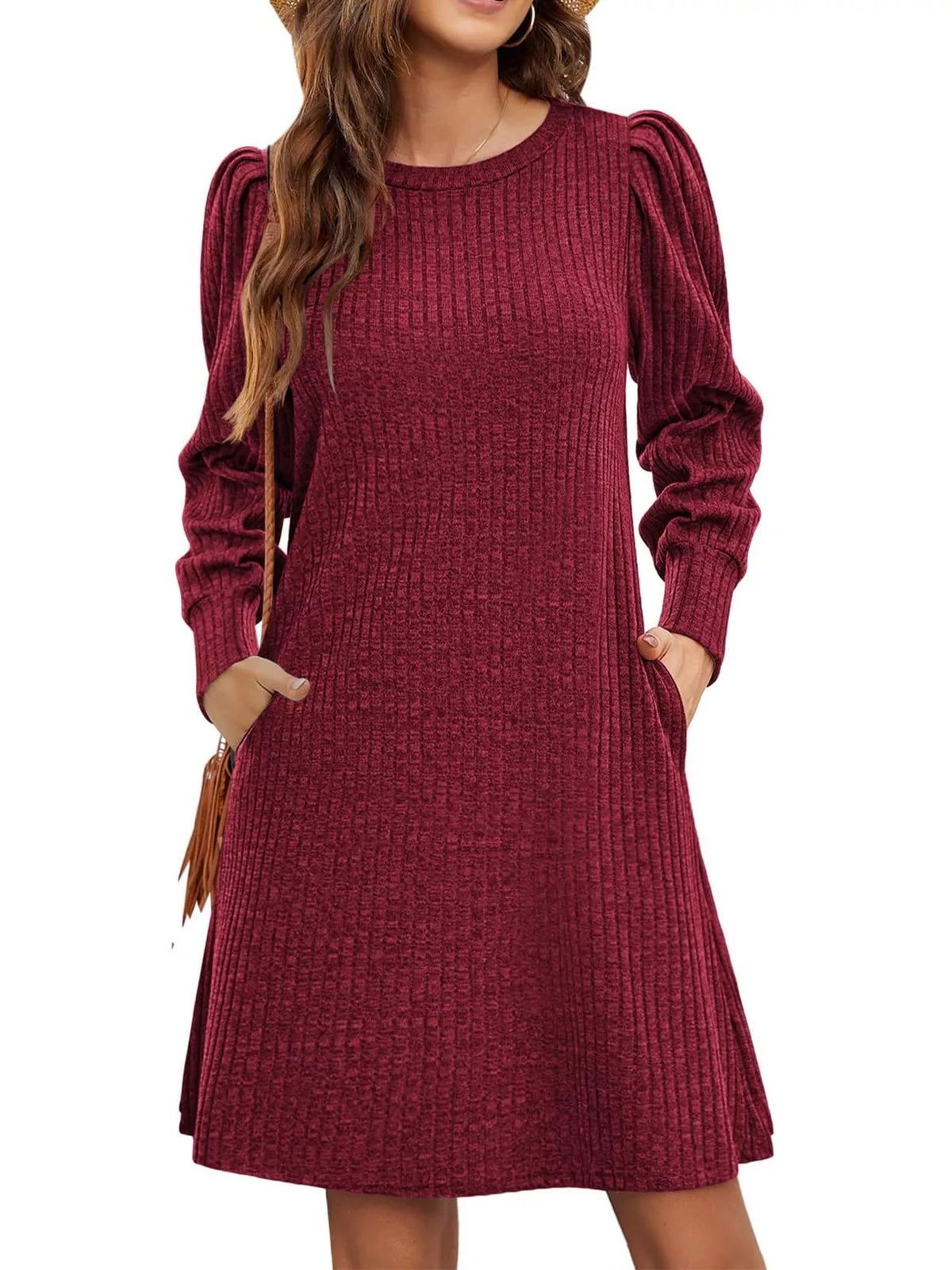 Ribbed puff-sleeve dress, burgundy front
