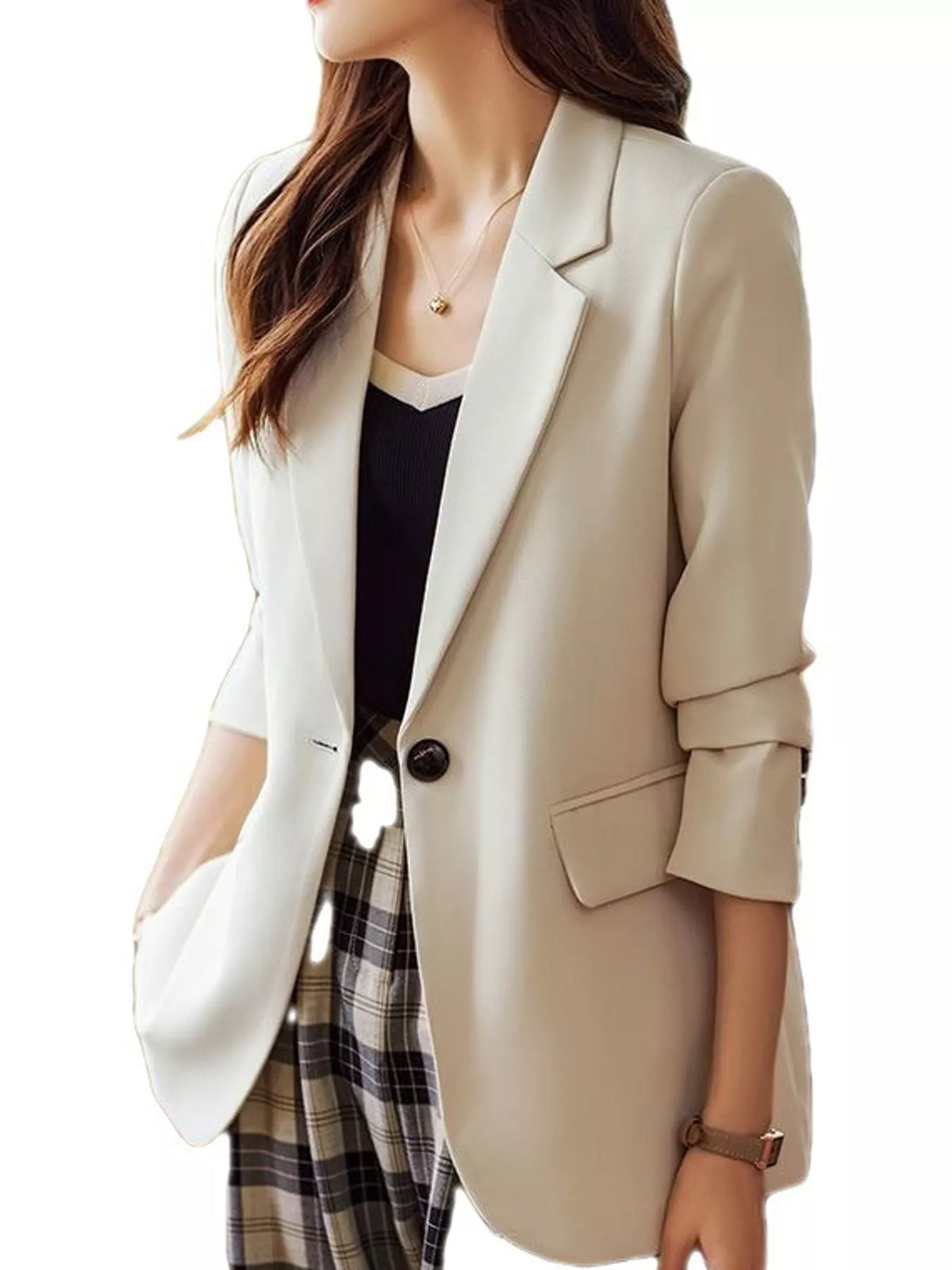 Collared long sleeve blazer, front view on model