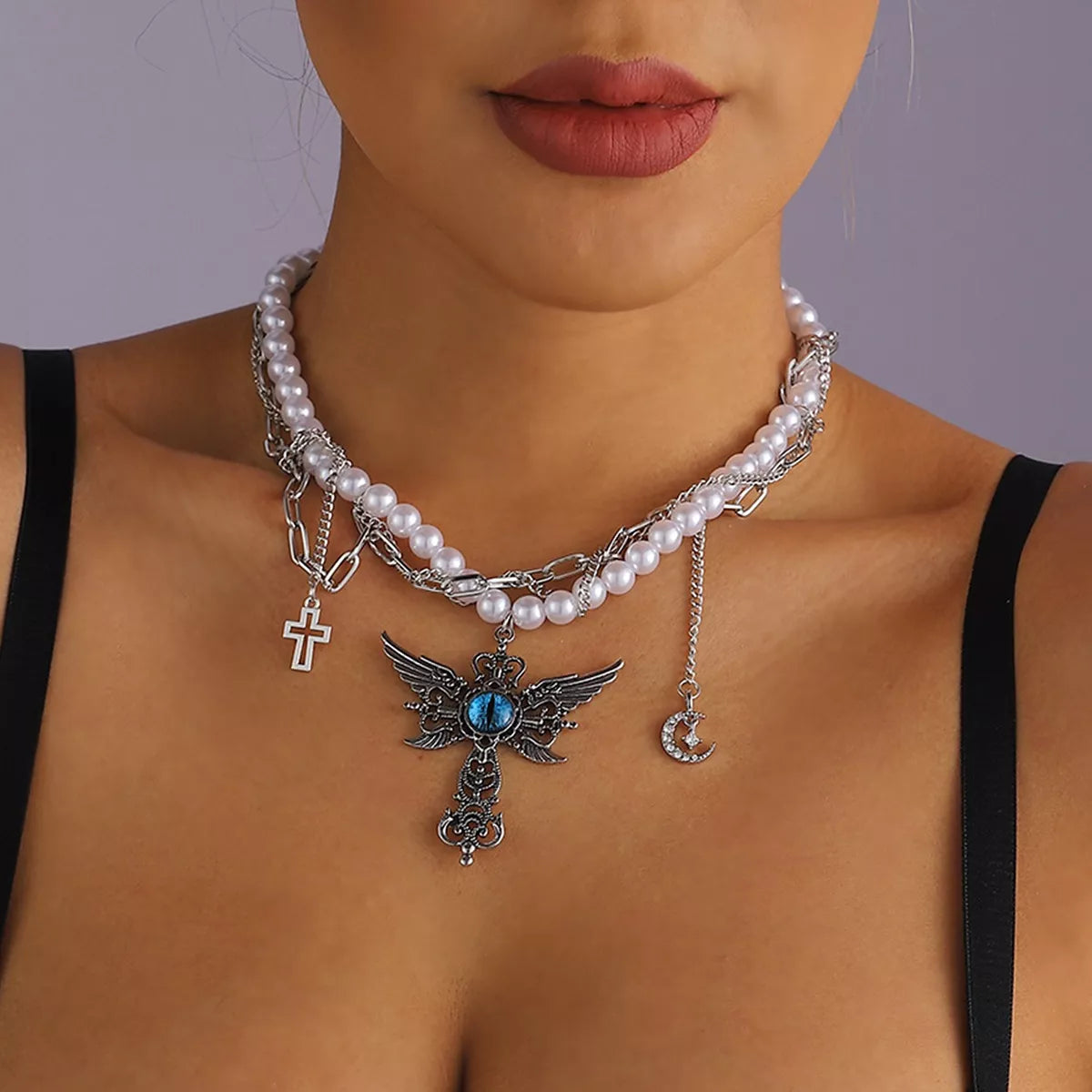 Trendsi Gothic Pearl Double Layered Necklace with Wing Pendant -