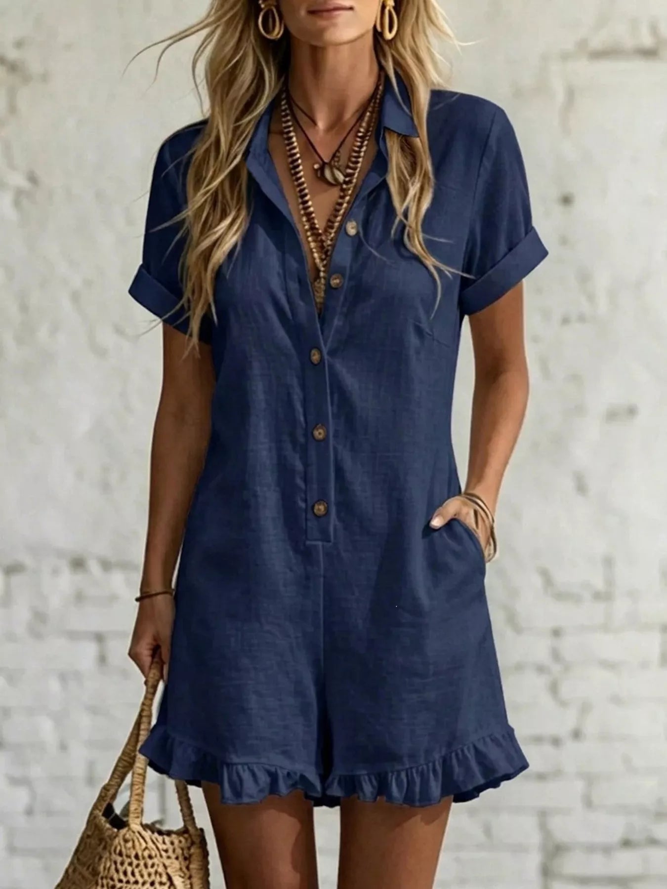 Trendsi Full Size Button Front Ruffled Hem Romper Plus Size -