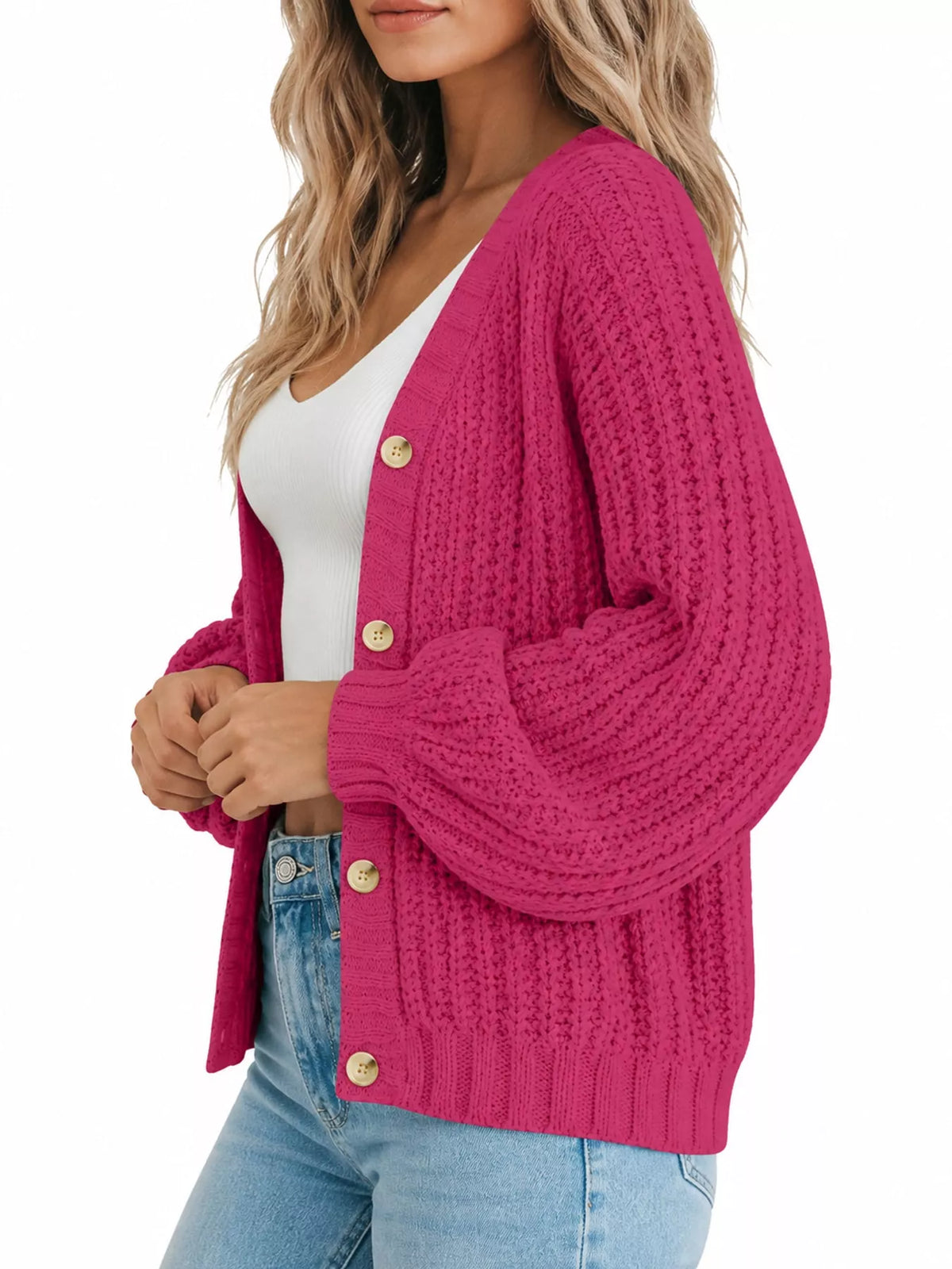 Button cardigan, hot pink side