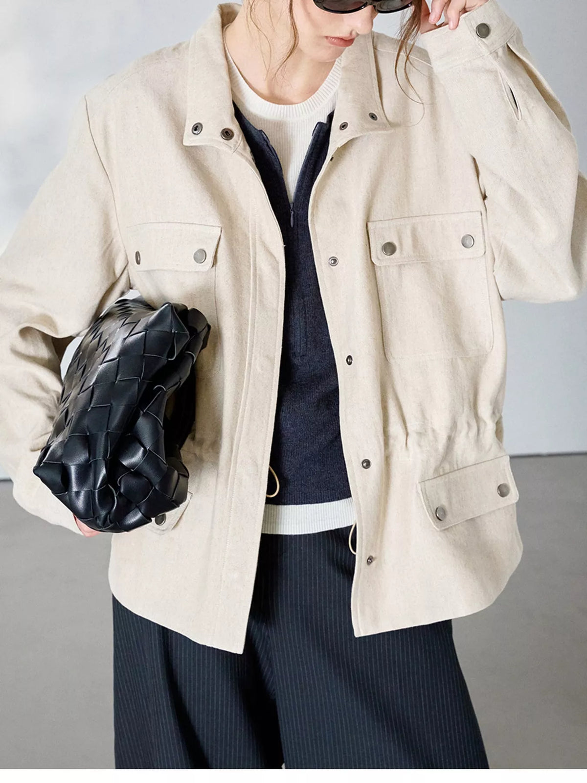 Drawstring utility jacket, ivory chest pockets