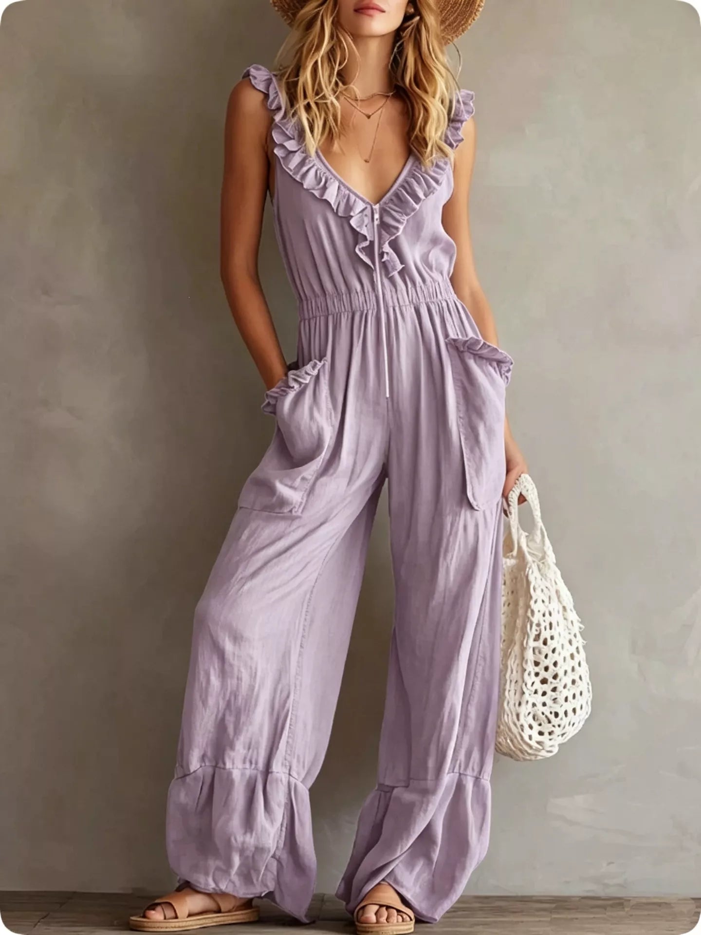 Trendsi Ruffled V-Neck Wide Leg Jumpsuit -