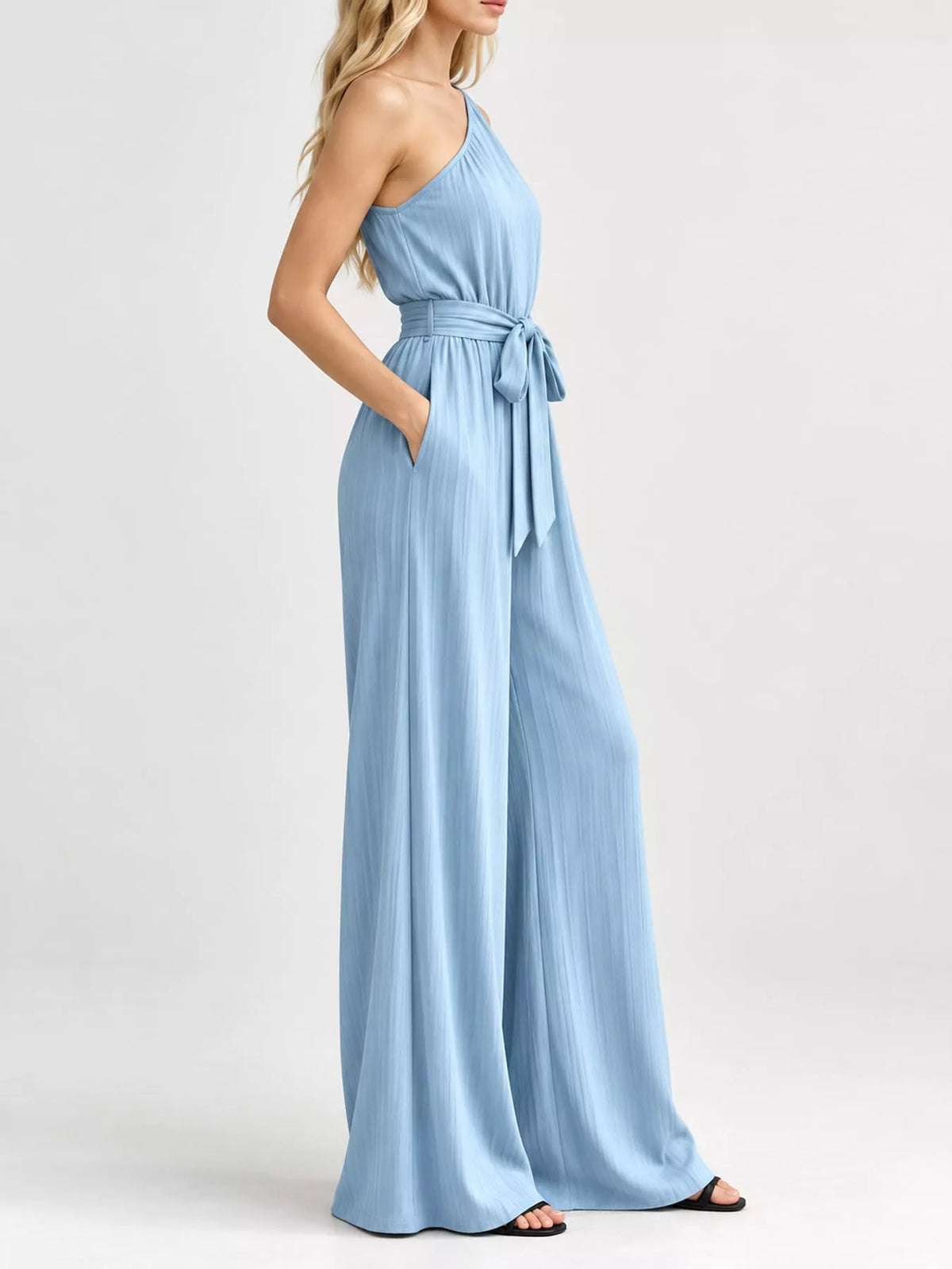 One-Shoulder Wide-Leg Jumpsuit in light blue, side view