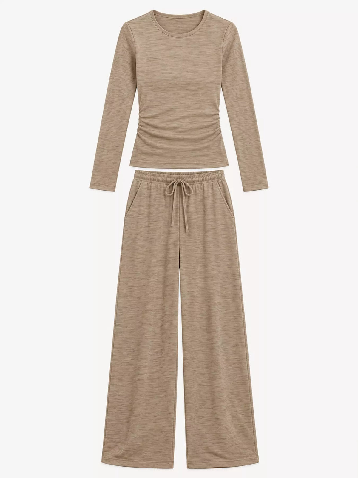 Long Sleeve Ruched Top and Wide-Leg Drawstring Pants Set — garment front