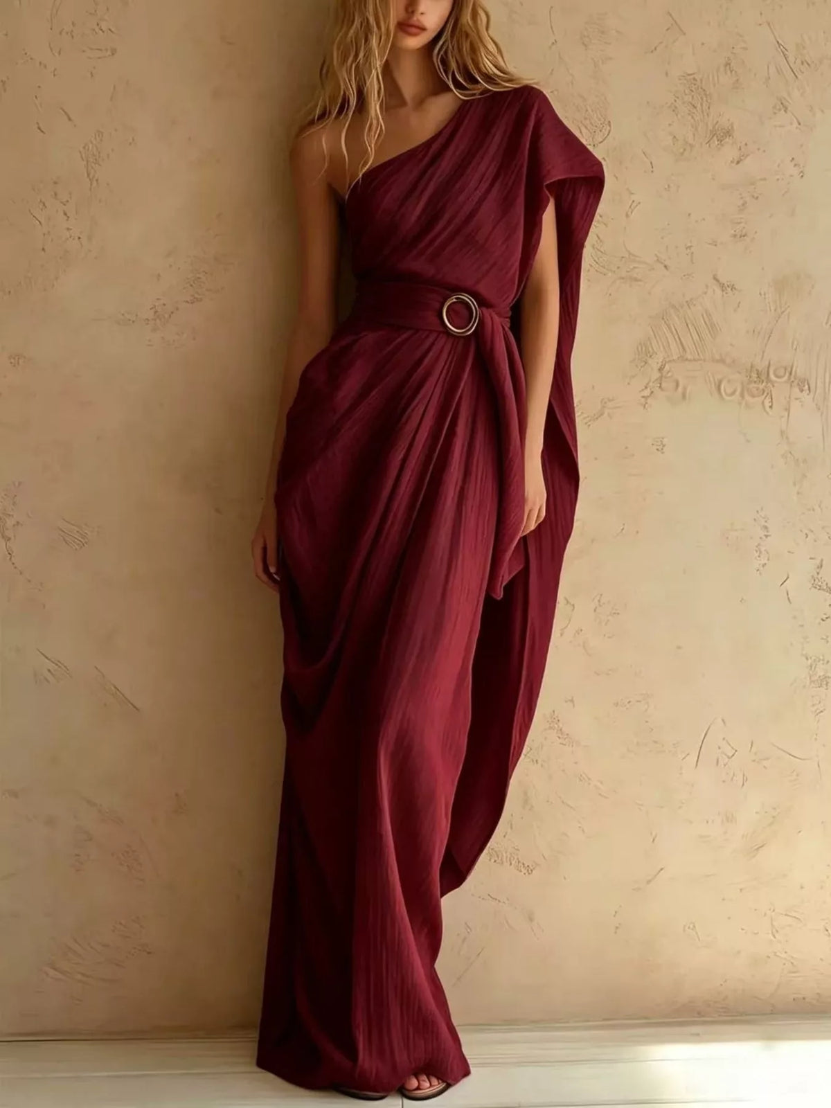 Burgundy one-shoulder draped maxi dress, full front view
