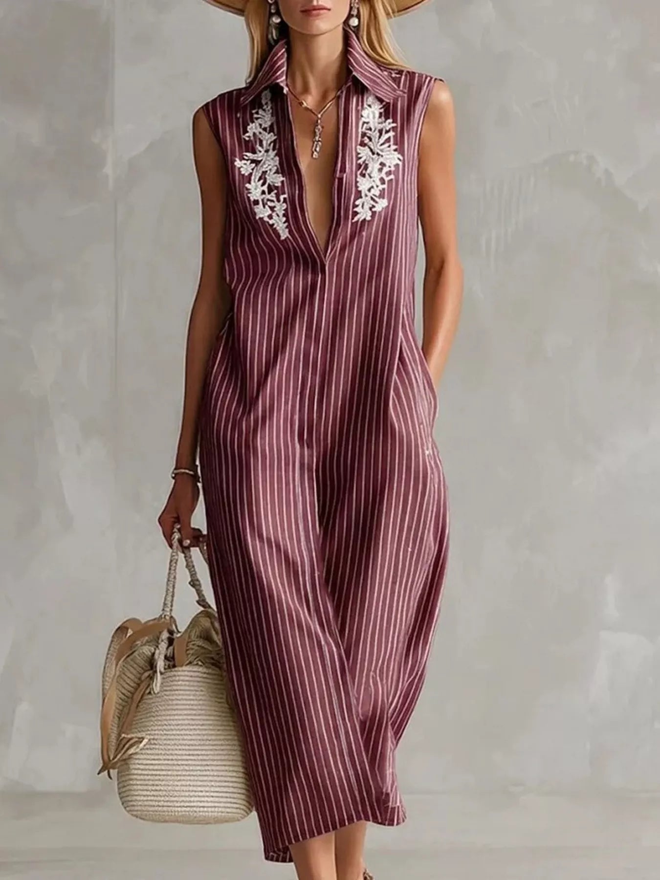 Trendsi Full Size Striped Sleeveless Collared Neck Shirt Dress Plus Size -