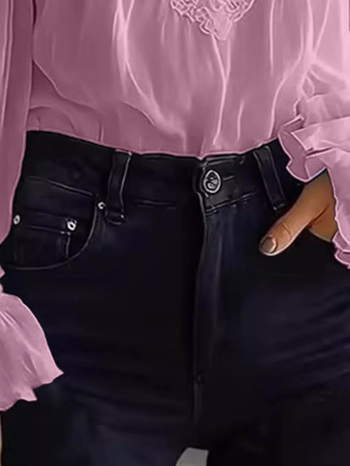 Pink lace V-neck flounce sleeve blouse, blouse fabric and cuff detail