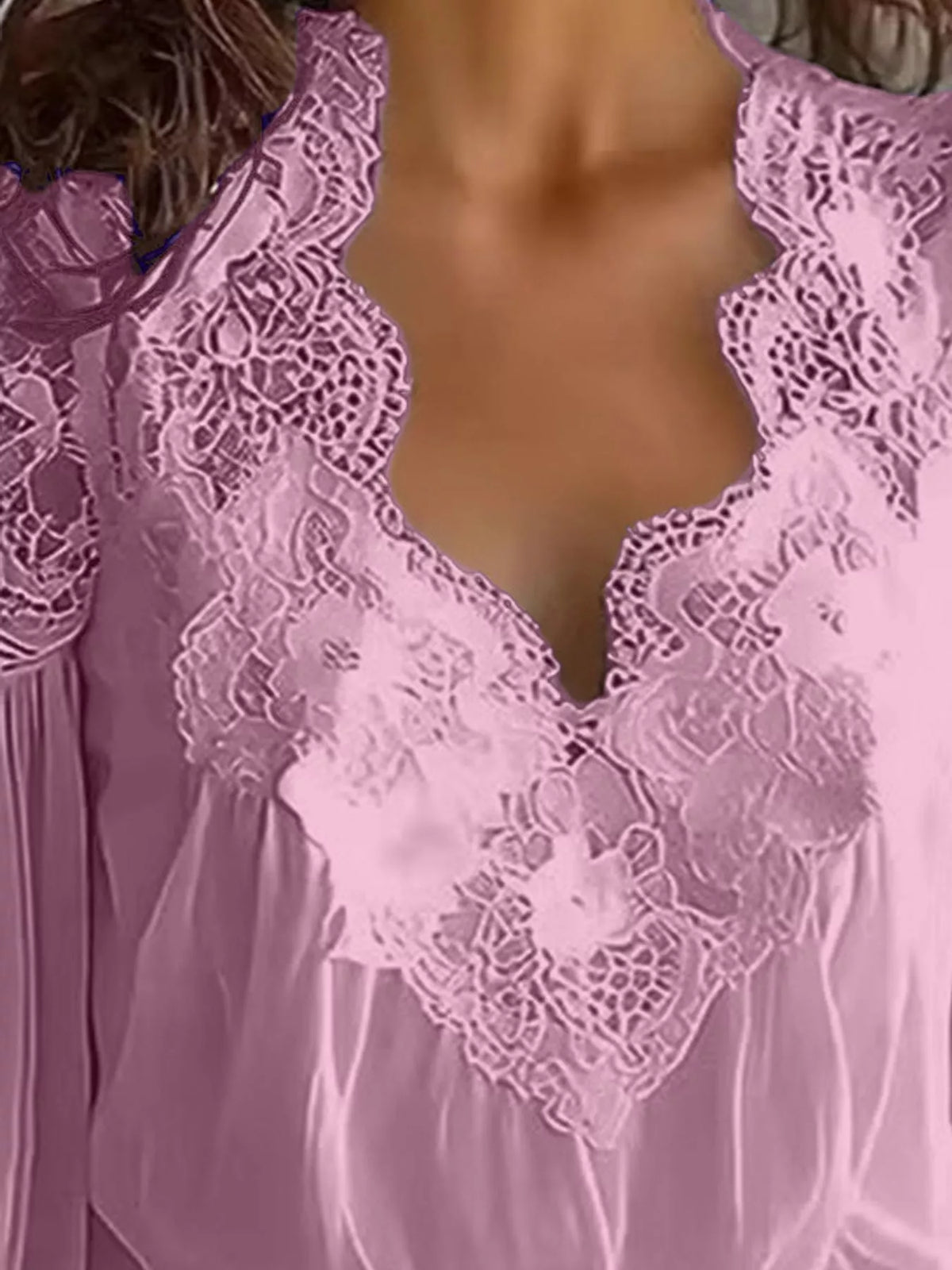 Pink lace V-neck flounce sleeve blouse, lace neckline detail