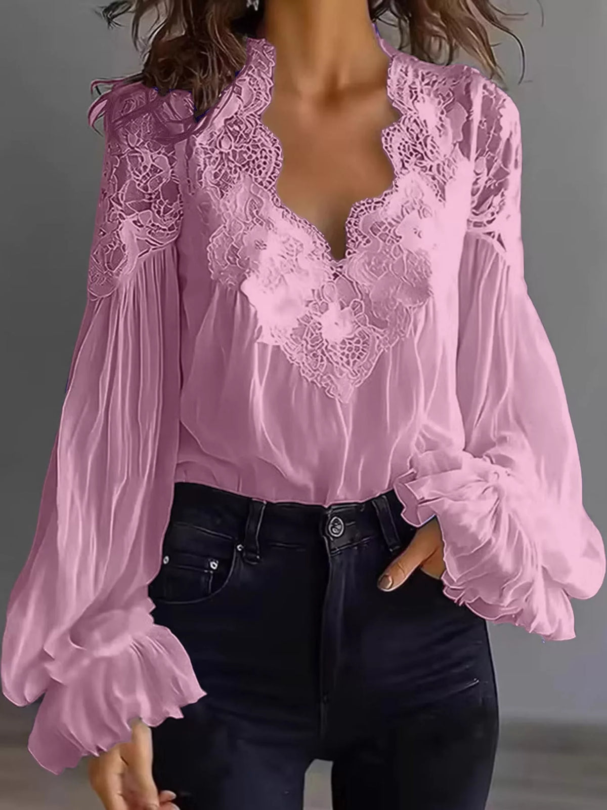 Pink lace V-neck flounce sleeve blouse