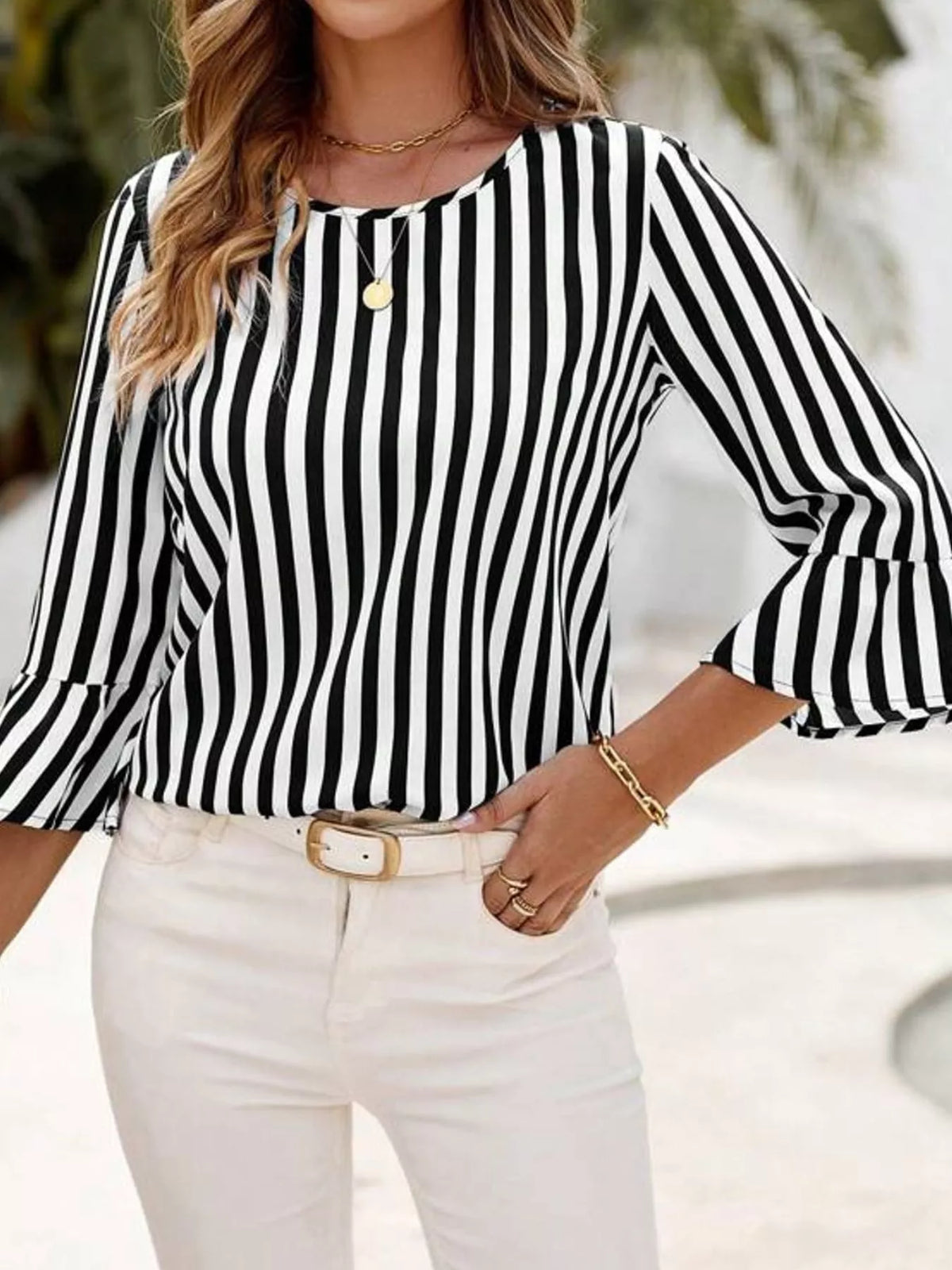 Striped Bell Sleeve Blouse — front view