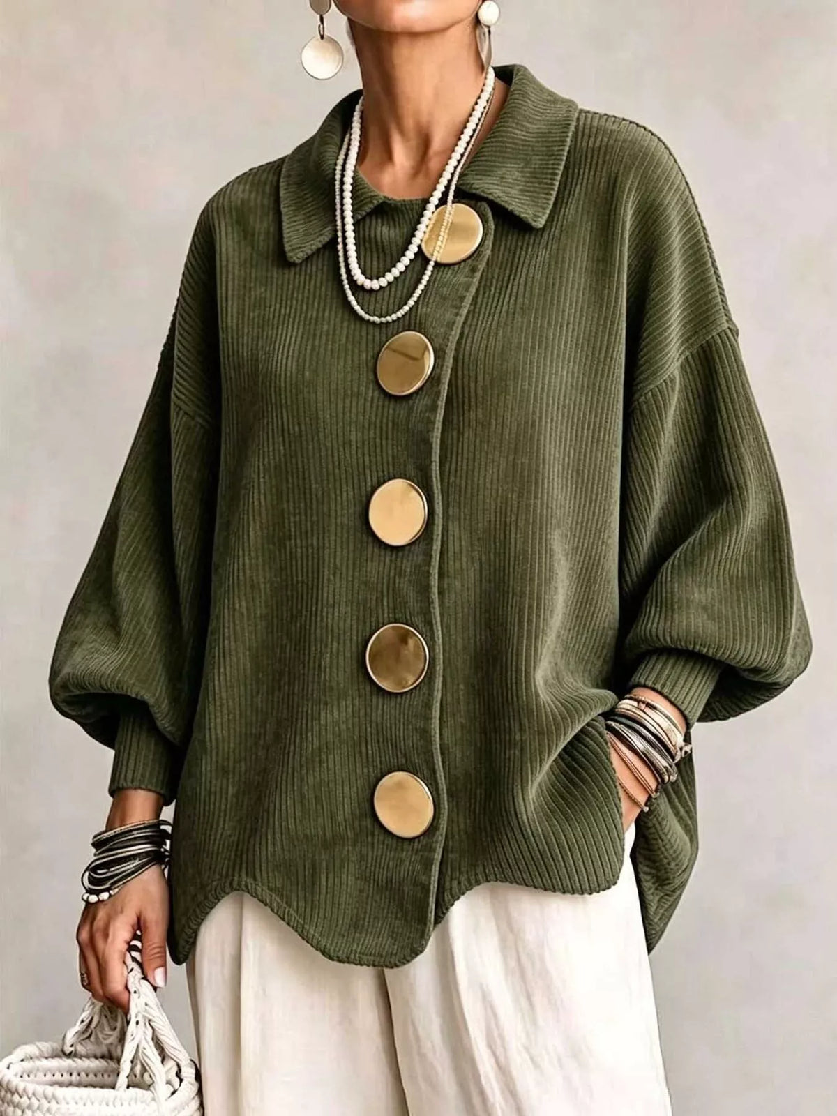 Women's Ribbed Knit Gold Buttons Cardigan in olive — front view