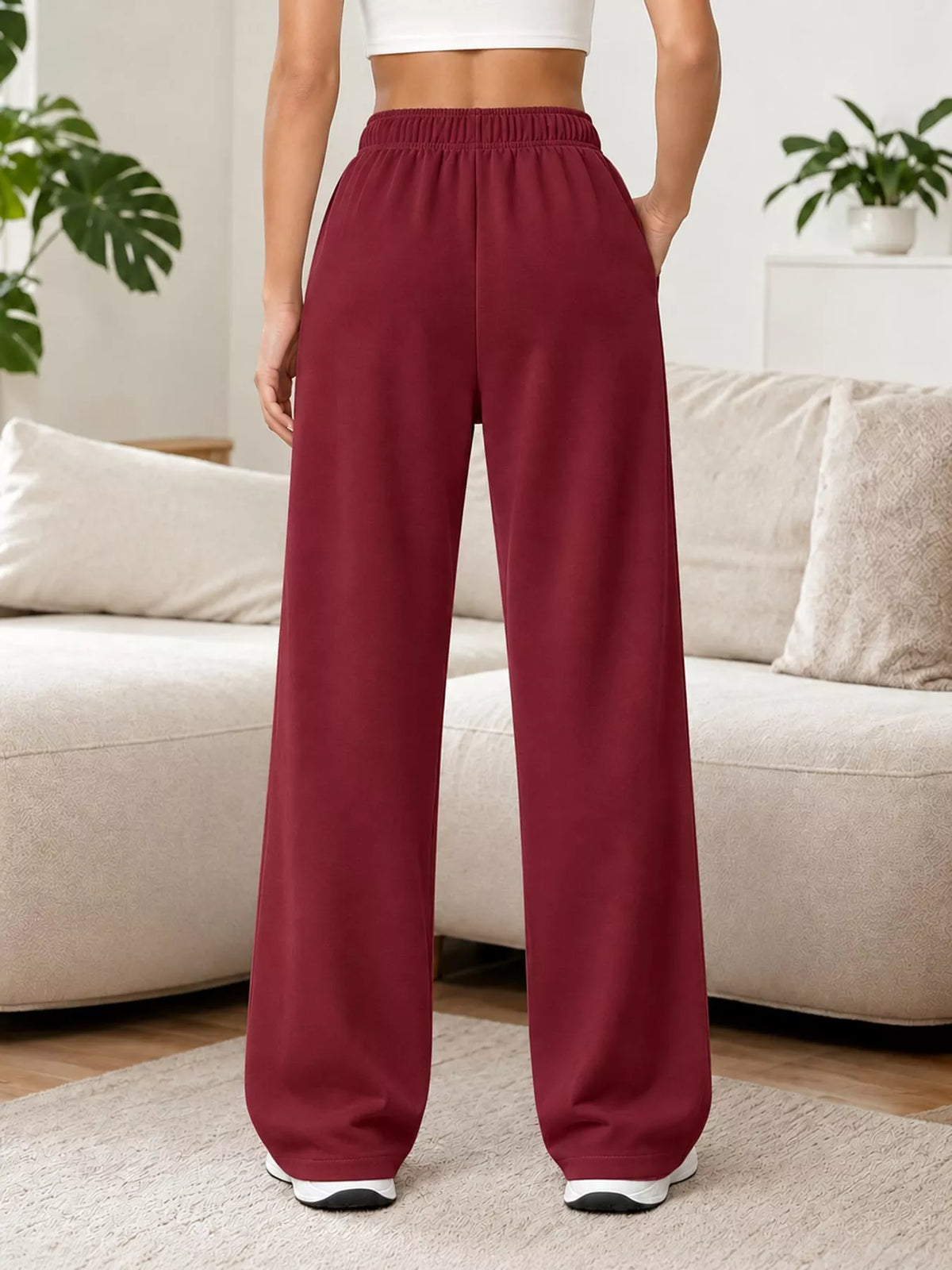 Wine Red wide-leg pants with drawstring