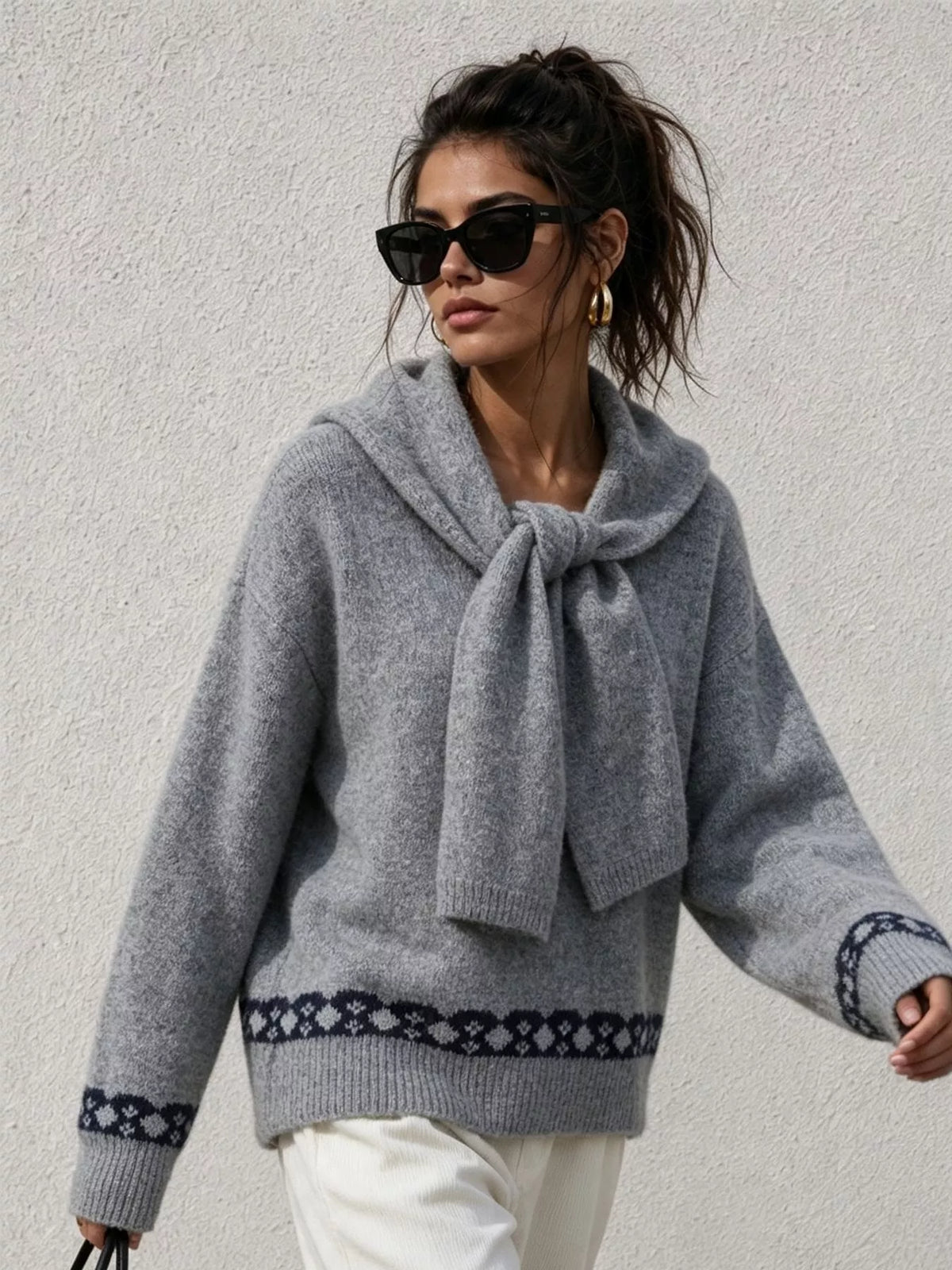 Gray scarf-detail dropped-shoulder sweater, walking front view.