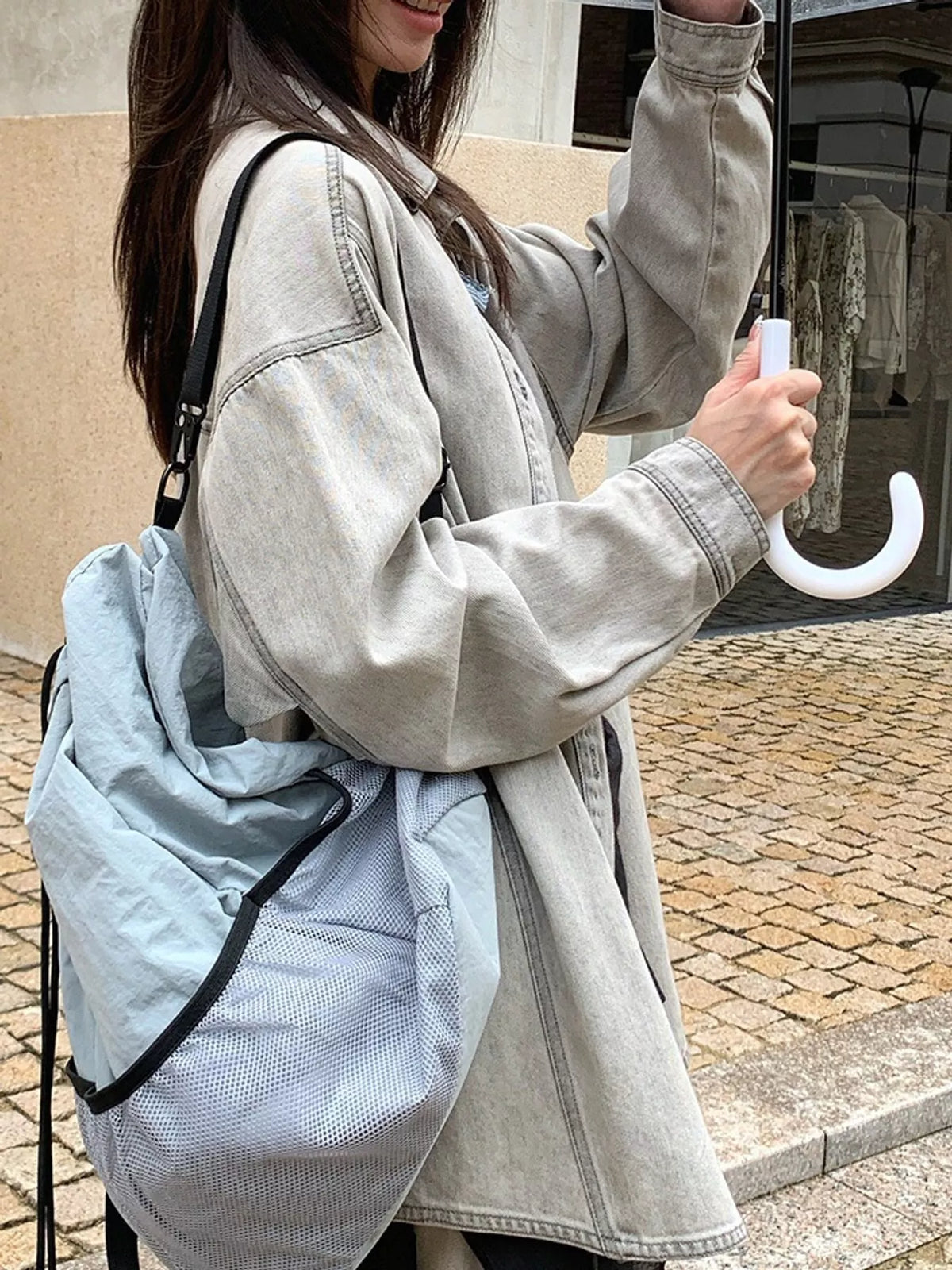 Gray button-down front denim shacket