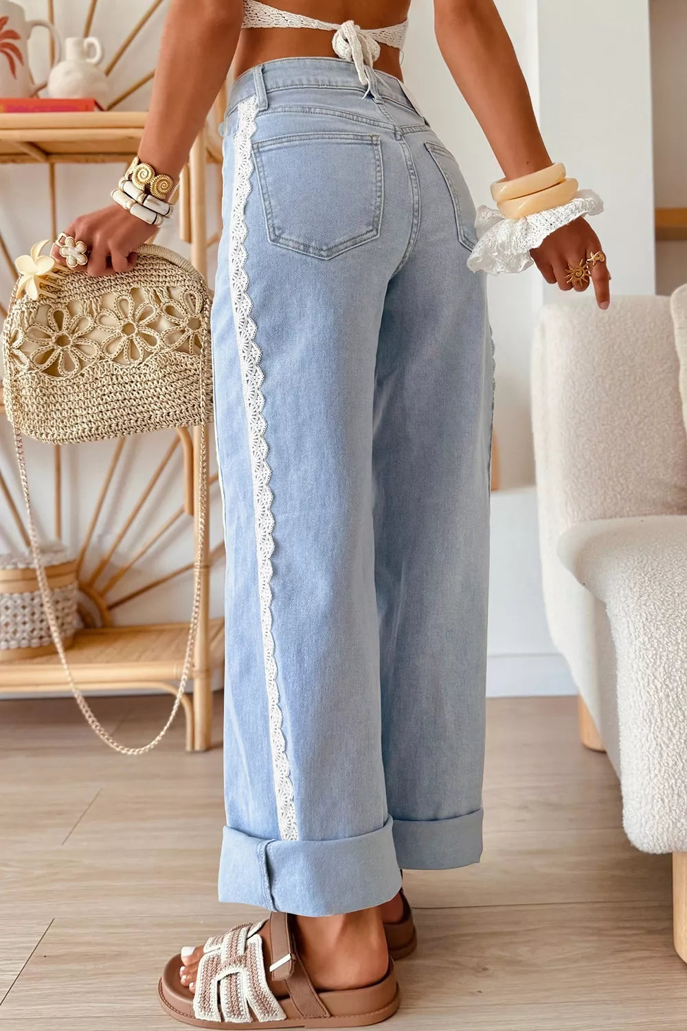 Trendsi Light Wash Lace Trim Wide Leg Jeans -