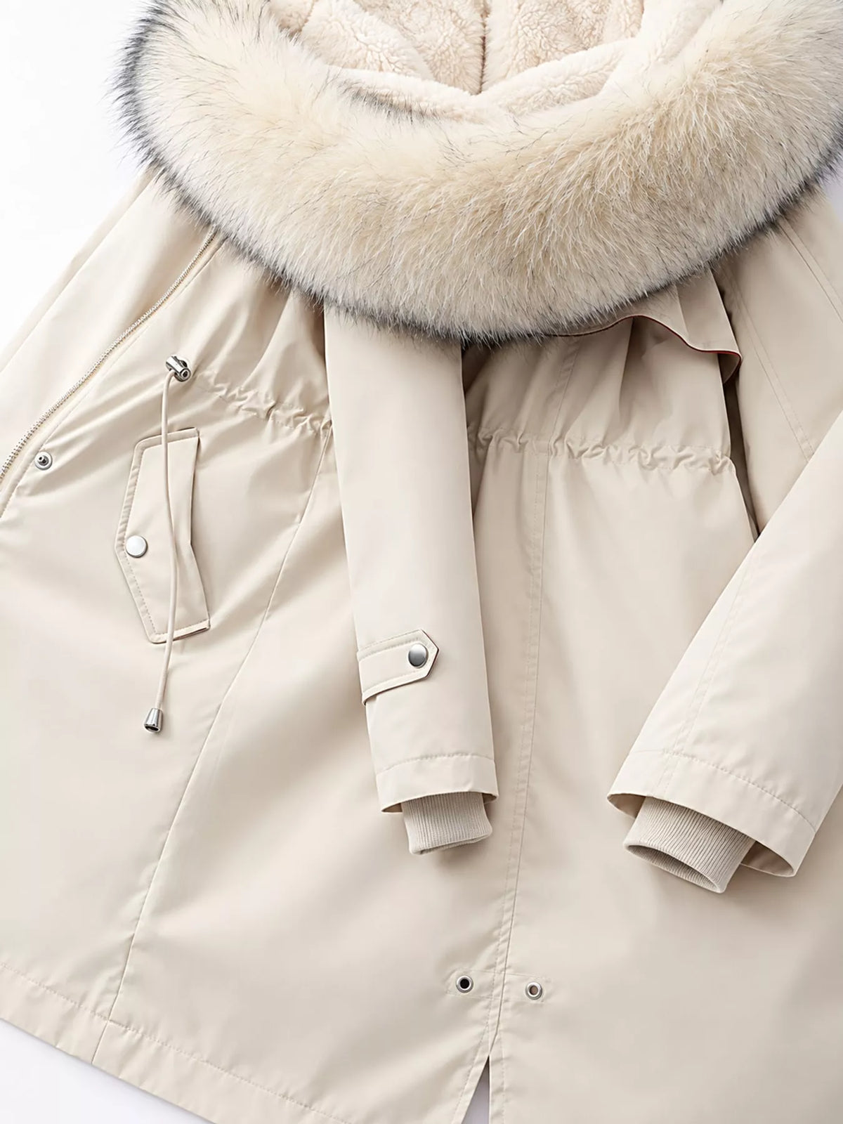 Faux-fur-trim parka, ivory hood close up
