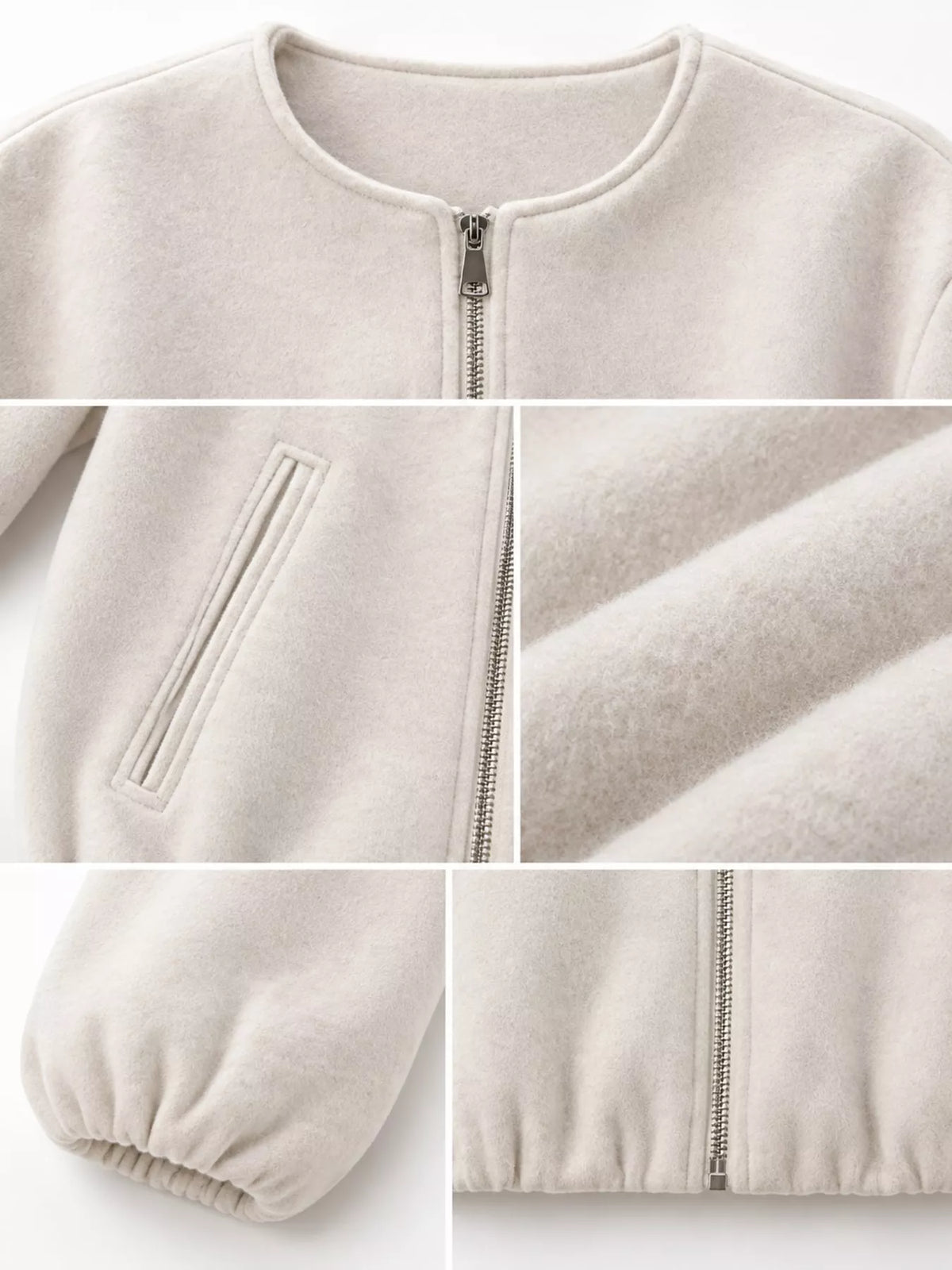 Cream zip-up long sleeve jacket — design and construction details