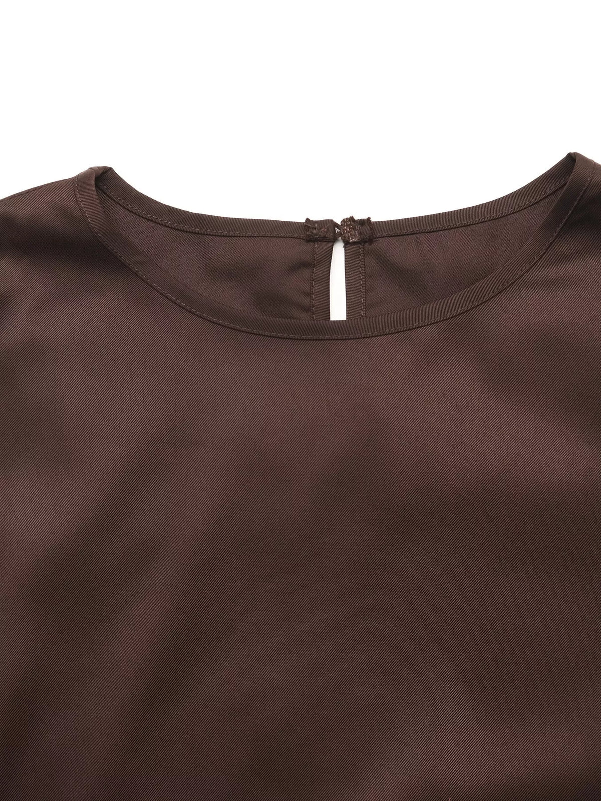 Coffee satin lace-trim blouse with flounce sleeves, neckline detail