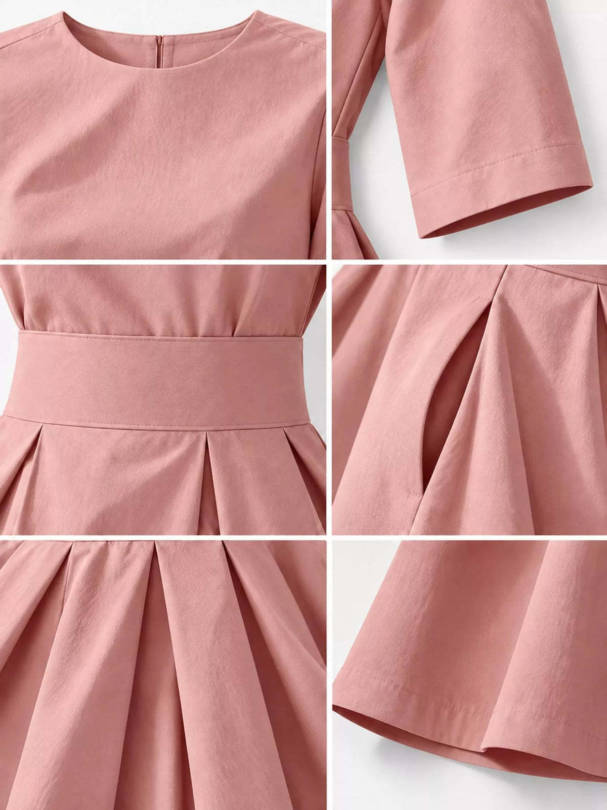 Round neck short sleeve midi dress, construction and design details
