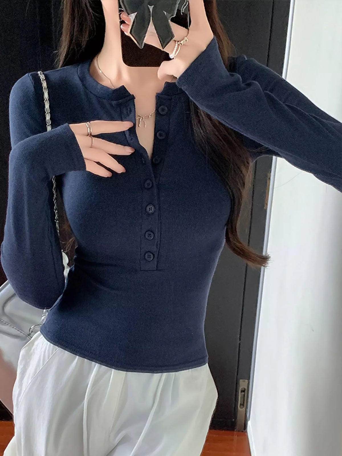 Button Detail Long Sleeve T-Shirt, detail view in navy blue