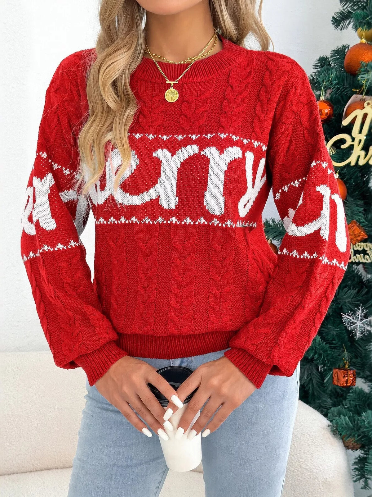 Merry Cable Knit Sweater in red, front view