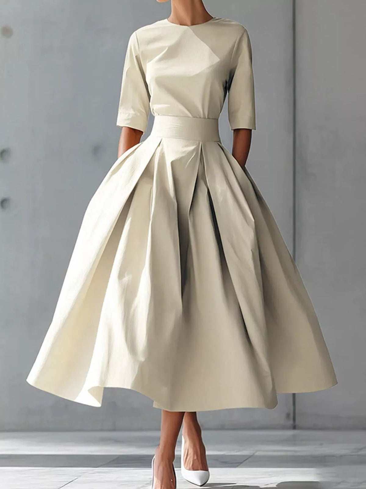 Round neck short sleeve midi dress, front view on model