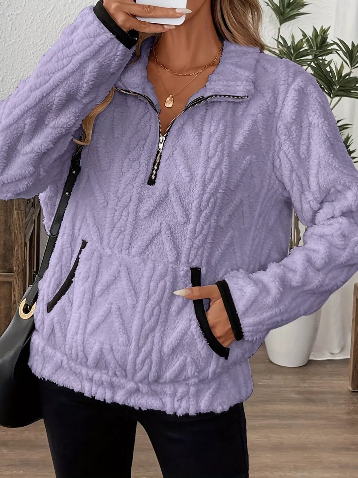 Women's Quarter-Zip Sherpa Sweatshirt in lavender — front view