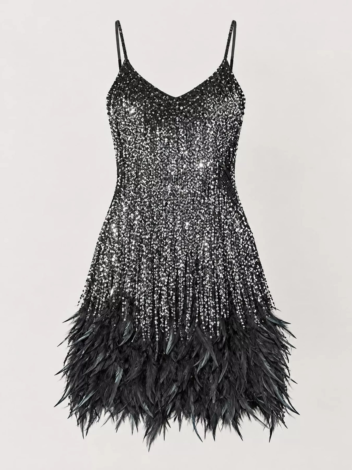 Black feather fringe sequin mini dress, front view