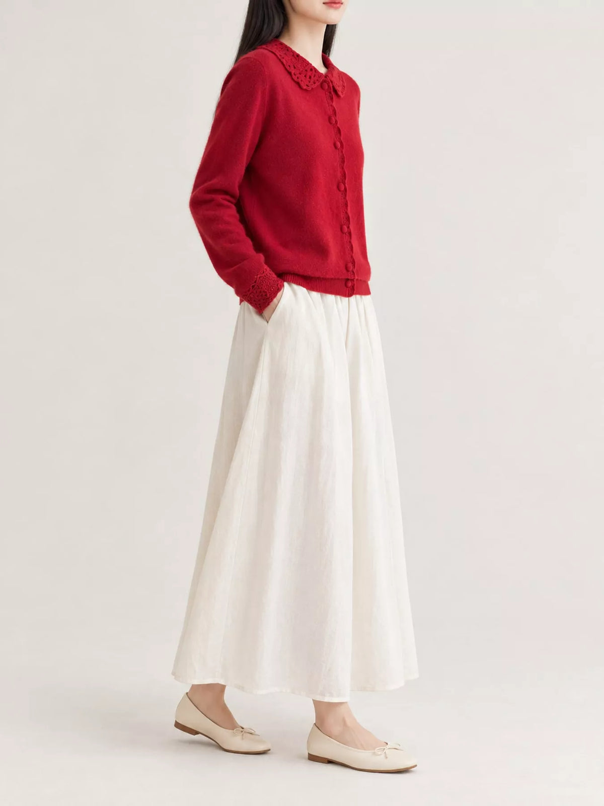 Lace-collar cardigan, red side