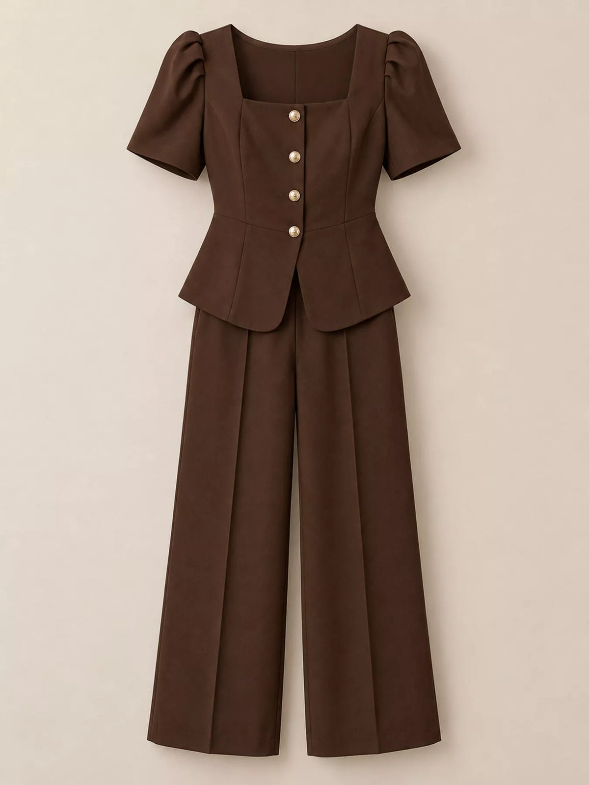 Peplum top and pants set, brown flat lay