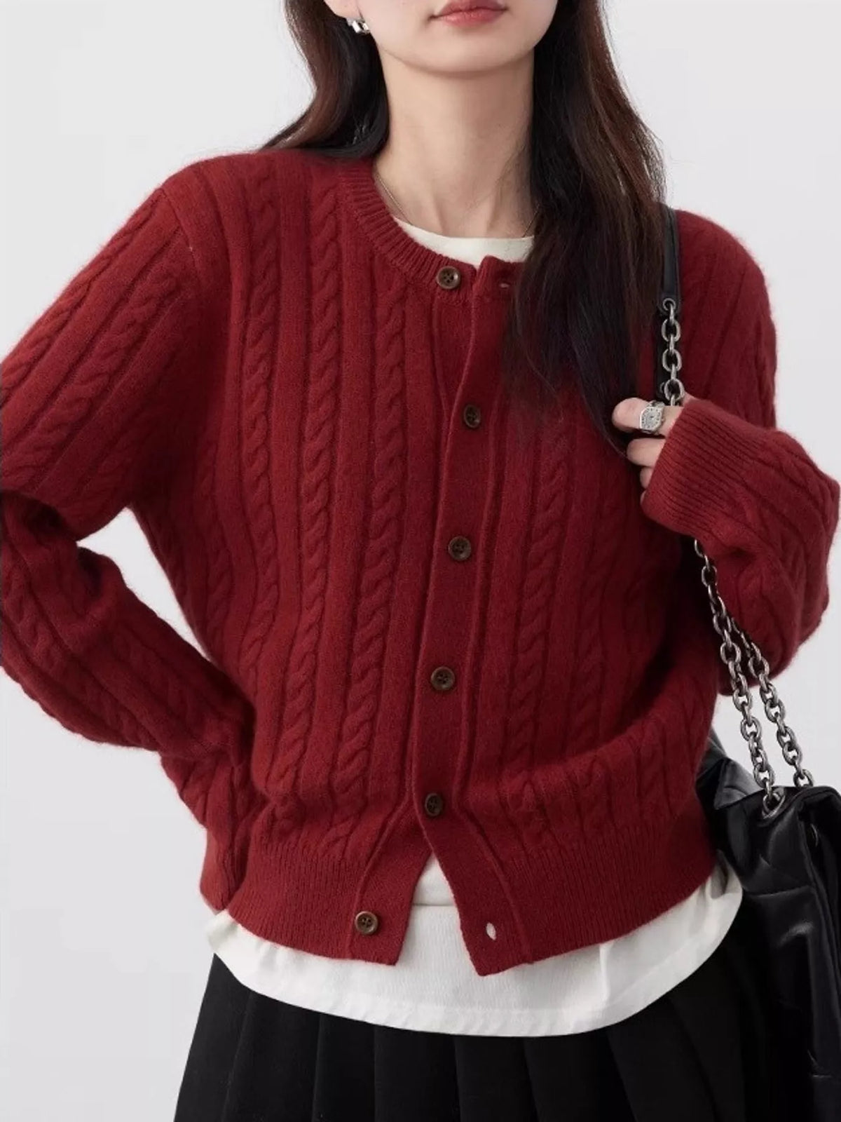 Cable-Knit Button-Down Cardigan in burgundy, front view